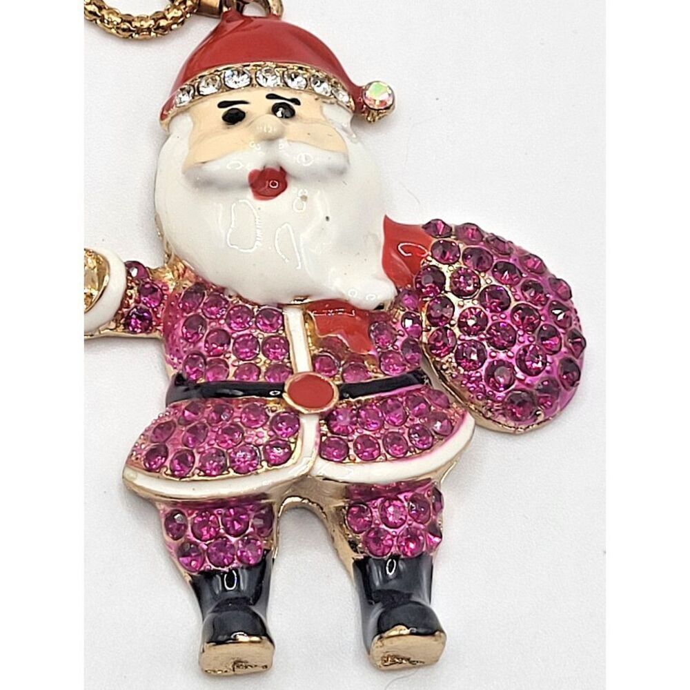 Betsey Johnson Rhinestone Purple Magenta Santa Necklace 30in chain 3in pendant